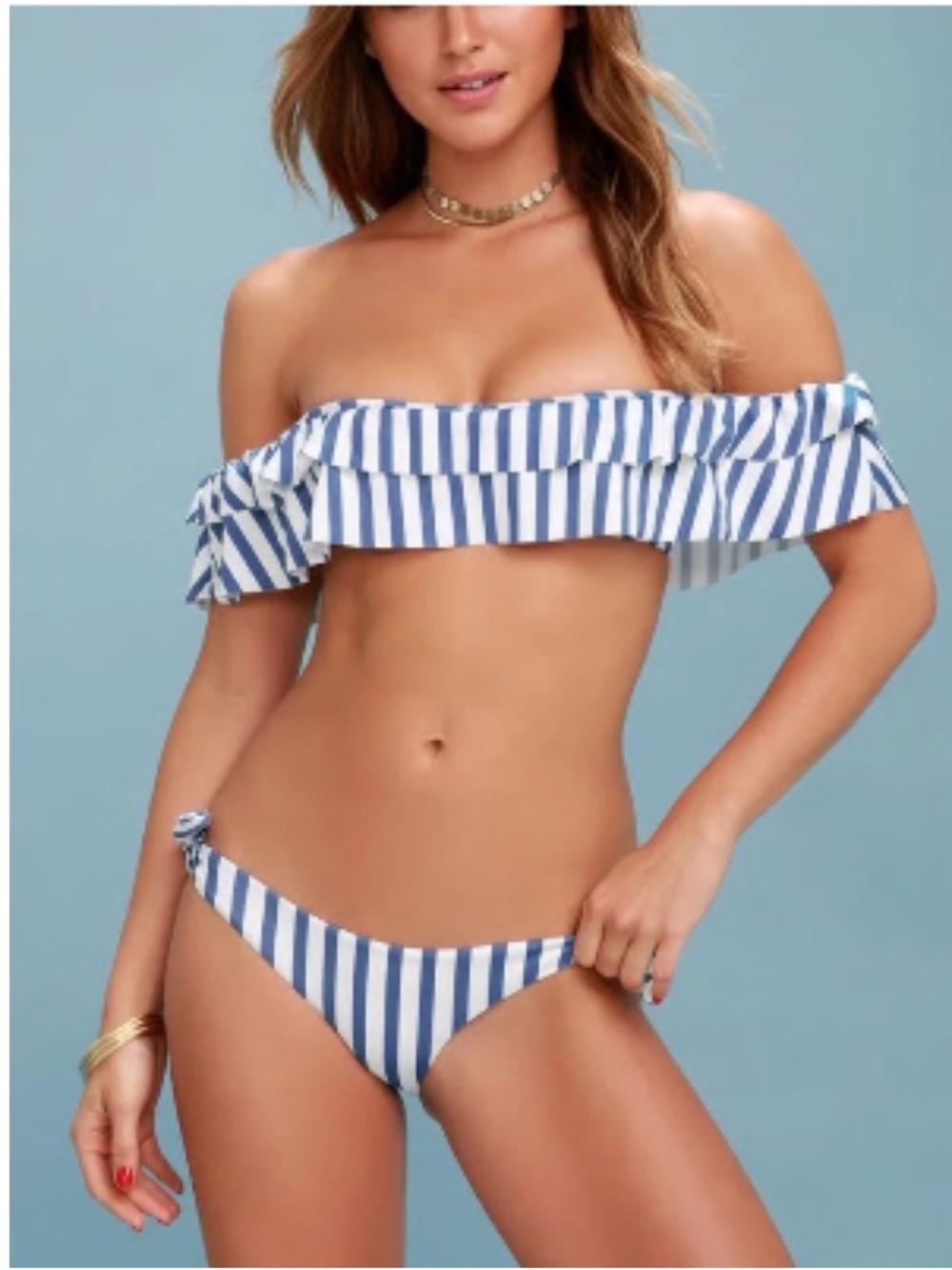 AMUSE SOCIETY (L)- Blue and White ruffle bandeau top and matching bottom